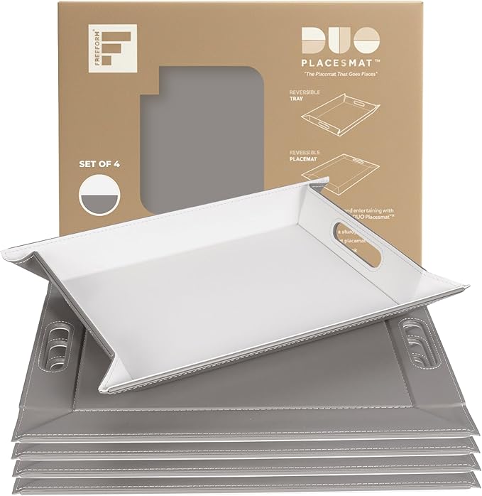 PLACEsMAT 2-in-1 Faux Leather Placemat & Serving Tray | Reversible Design, Lays Flat & Easy to Clean | Ottoman Food Tray, Perfect Housewarming Gift, 18” x 14” (Grey & White, Set of 4)