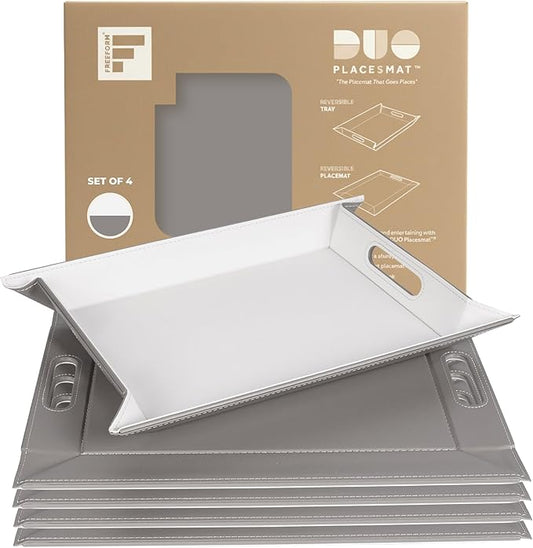 PLACEsMAT 2-in-1 Faux Leather Placemat & Serving Tray | Reversible Design, Lays Flat & Easy to Clean | Ottoman Food Tray, Perfect Housewarming Gift, 18” x 14” (Grey & White, Set of 4)
