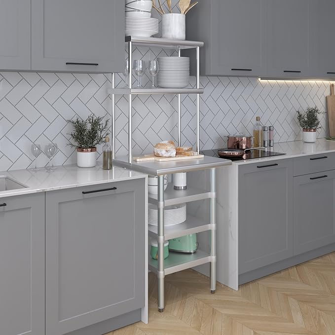 Amgood 24" x 24" Stainless Steel Work Table with 3 Shelves and 12" Wide Double Tier Overshelf | Metal Kitchen Prep Table & Shelving Combo | NSF
