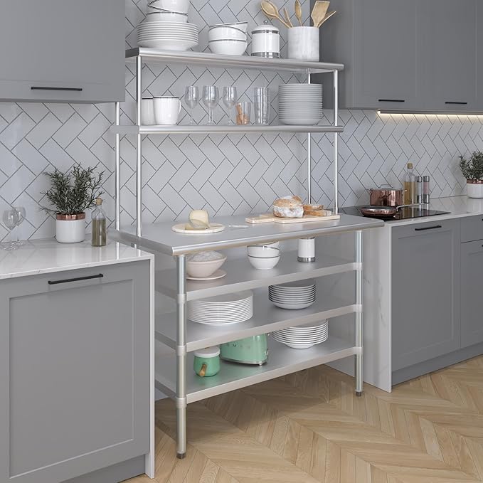 Amgood (24" x 48" Stainless Steel Work Table with 3 Shelves and 12" Wide Double Tier Overshelf | Metal Kitchen Prep Table & Shelving Combo | NSF