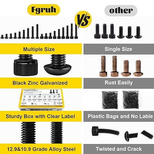 2300PCS M3 Screws with Nuts Assortment Kit, M3x4/6/8/12/16/20/25/30/35 mm Hex Socket Button & Cap Head Bolts Nut and Washers Set, 12.9 & 10.9 Grade Black Zinc Plated for DIY, 3D Printer