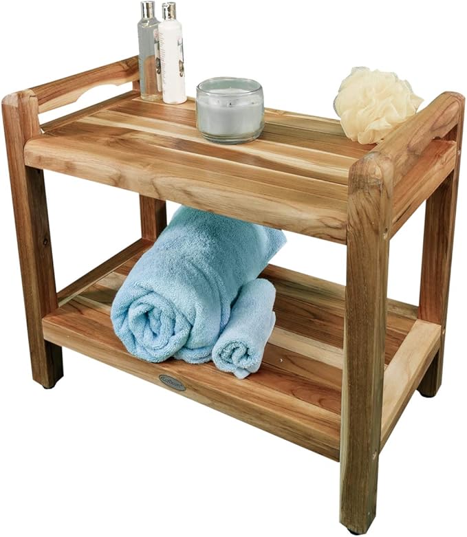 EcoDecors Eleganto 24 Inch Natural Color Waterproof Teak Wood Shower Bench Stool Seat Chair For Inside Shower Provides Safety, Storage, and Organization For Bathroom Accessories