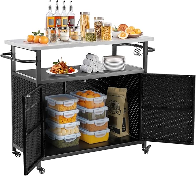 Outdoor Storage Cabinet, Rattan Patio Bar Tables with Wheels, Kitchen Island Cart with Stainless Steel Top for BBQ, Patio, Backyard
