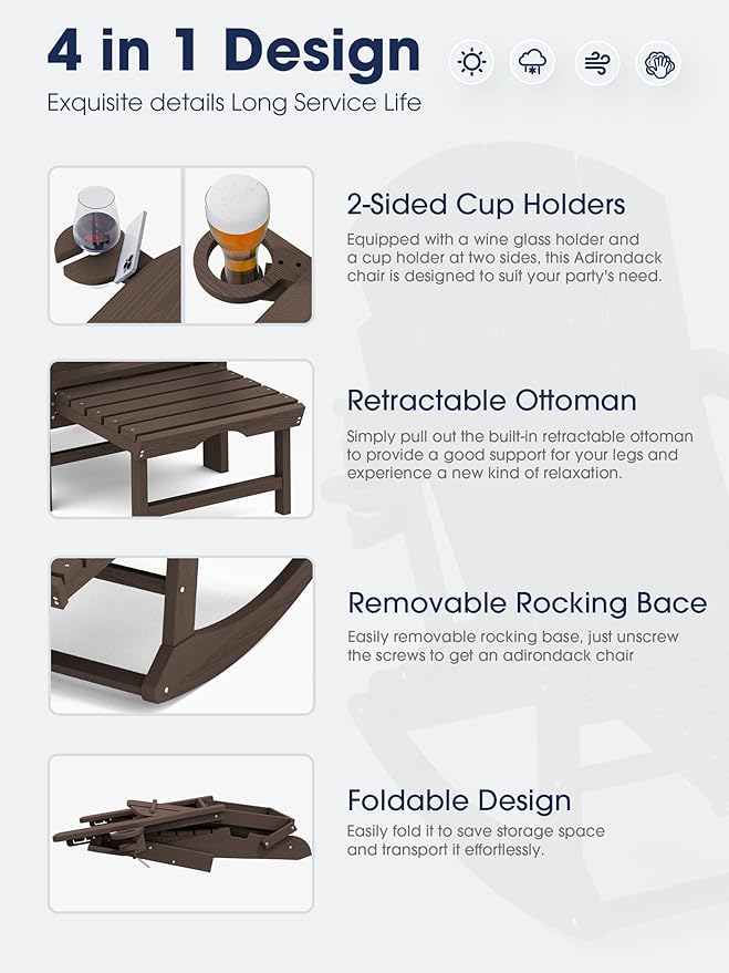 KINGYES Adirondack Rocking Chair Set of 4 with Retractable Ottoman and Cup Holders, HDPE Adirondack Rocker Patio Rocking Chair for Porch, Patio, Balcony, Coffee Brown