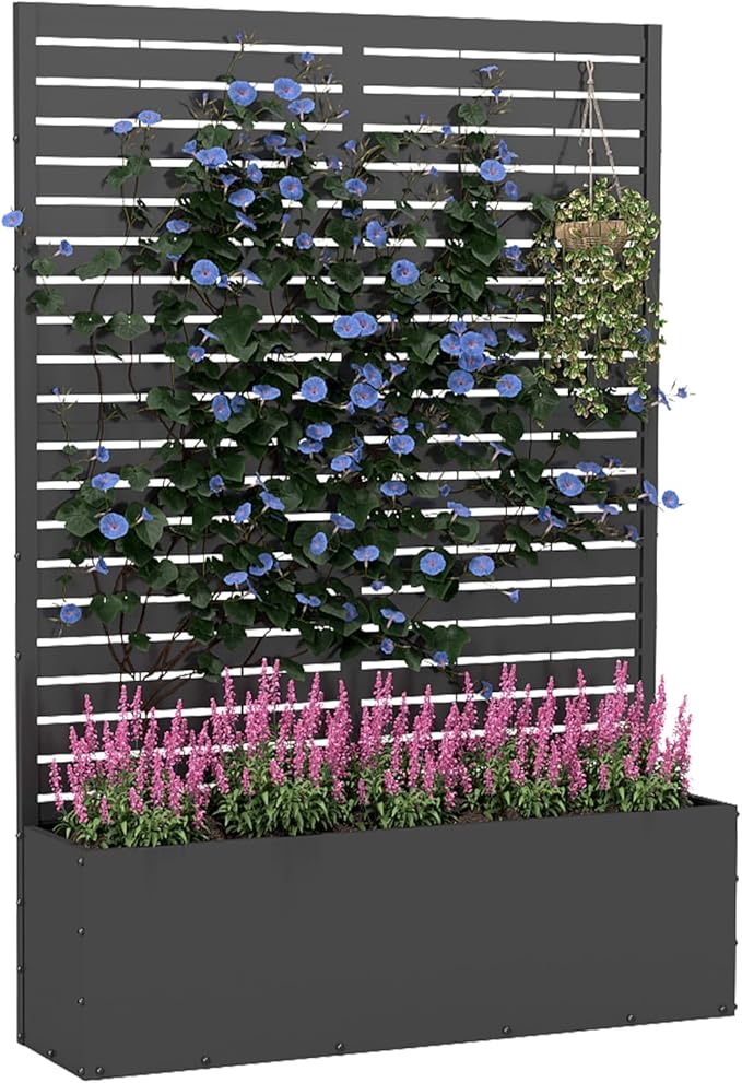 Metal Planter Box with Trellis,70.9"x47.2"x15.7" Raised Garden Bed with Drainage Holes, Privacy Planters for Outdoor Garden Bed for Climbing Plants,Vegetables,and Vines, Black-louvered