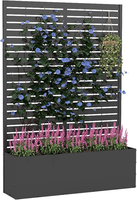 Metal Planter Box with Trellis,70.9"x47.2"x15.7" Raised Garden Bed with Drainage Holes, Privacy Planters for Outdoor Garden Bed for Climbing Plants,Vegetables,and Vines, Black-louvered