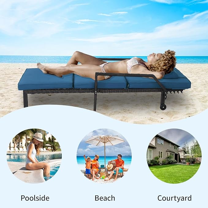 Patio Chaise Lounge – Adjustable Outdoor Lounge Chairs with Cushions & Headrest – All-Weather Rattan Reclining Lounge Chairs for Poolside, Garden, and Patio (1 Pc, Light Blue)
