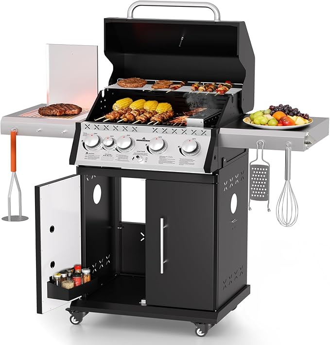 SKOK 4 Burner Propane Gas Grill with Infrared Side and Rear Burners, Outdoor BBQ Grill with Cast Iron Grates, Barbecue Grill with Wheels, 60,000BTU Output