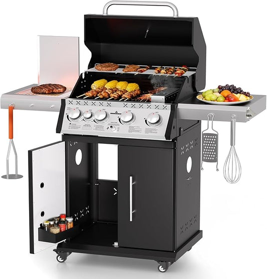 SKOK 4 Burner Propane Gas Grill with Infrared Side and Rear Burners, Outdoor BBQ Grill with Cast Iron Grates, Barbecue Grill with Wheels, 60,000BTU Output