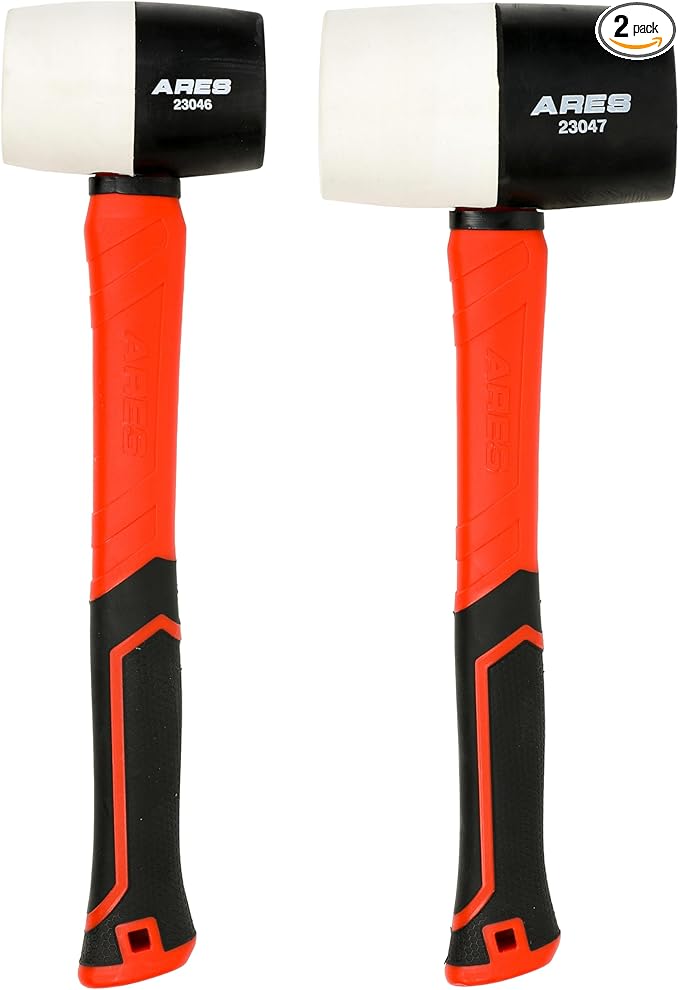 ARES 23059 – 2-Piece Fiberglass Handle Double Faced Soft Mallet Set – Rubber Mallets Deliver Softened Strikes for Delicate Materials - Woodworking, Automotive, and More