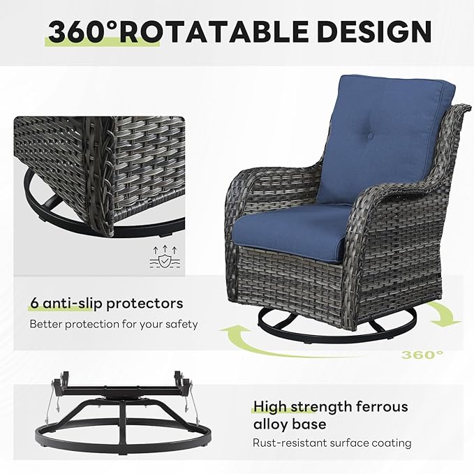 Outdoor Swivel Rocker Patio Chairs Set of 4 with Sofa - 5" Thick Cushion 4 Piece Furniture Set with Sofa All Weather Wicker Conversation Set for Porch Deck - Grey-Blue