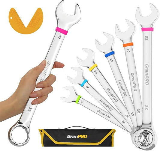 Metric Wrench Set, Large Wrench Set Metric and Standard, 7PC 23mm, 24mm, 26mm, 27mm, 30mm, 32mm Long Open End Wrench Tool Roll Up Pouch with Gauge, Combination Wrenches Sets with Color Ring