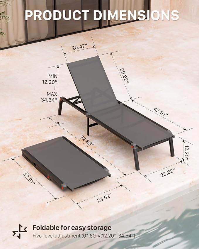 Aluminum Patio Chaise Lounge Chair Set of 2 with Side Table,5-Position Adjustable Backrest,Foldable Lounge Chair Outdoor,Pool Lounge Chairs for Poolside,Lawn,Deck,Beach (Grey, 2 Pack+Table)