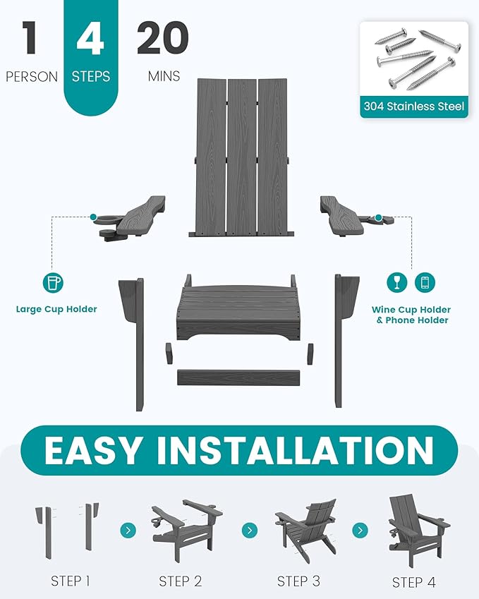 SERWALL Outdoor HDPE Adirondack Chair Set 2, Modern Folding Adirondack Chair with Cup Holders, Weather Resistant Fire Pit Chairs, Gray