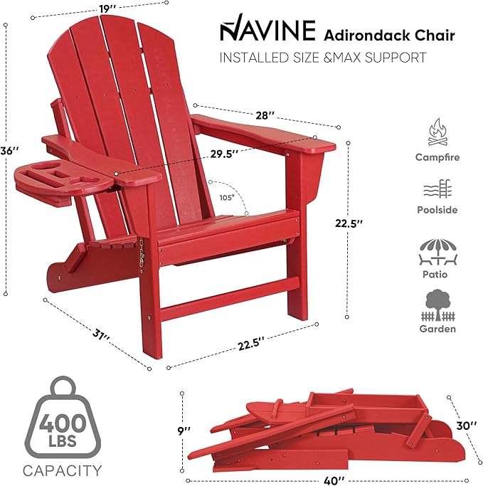 Adirondack Chair Set of 2, HDPE Folding Adirondack Chair with Multifunctional Cup Holder, Weather Resistant Fire Pit Chair for porches, patios, patios, poolsides, Decks.