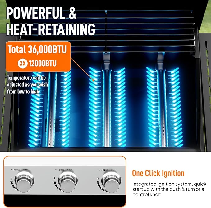 ROVSUN 3 Burner Propane Gas Grill with Foldable Side Shelves, 36000BTU BBQ Grills with Enameled Cast Iron Grates, Cabinet & Poratable Rolling Wheels for Outdoor Garden Patio Backyard Barbecue Cooking