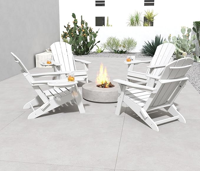 FOOWIN Folding Adjustable Adirondack Chair Set of 4,HDPE Adirondack Chair w/4 in 1 Cup Holder Trays,All-Weather Resistant Fire Pit Chair, Outdoor Chair for Patio Lawn Poolside,400lbs,White