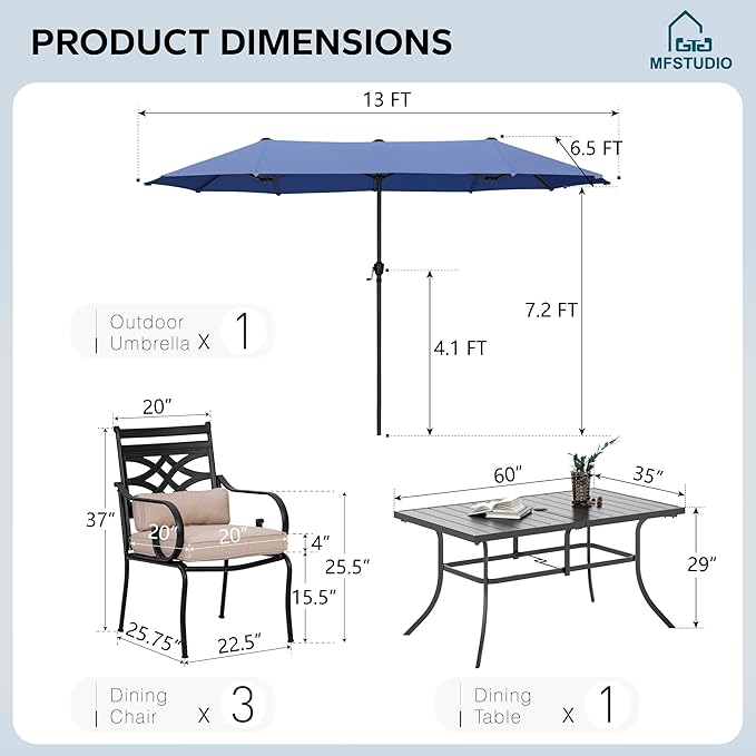 MFSTUDIO Outdoor Dining Set for 6, Patio Furniture Dining Set with Blue Umbrella (Base not Included), Outdoor Table and Chairs Set for Deck, Backyard, Lawn & Garden