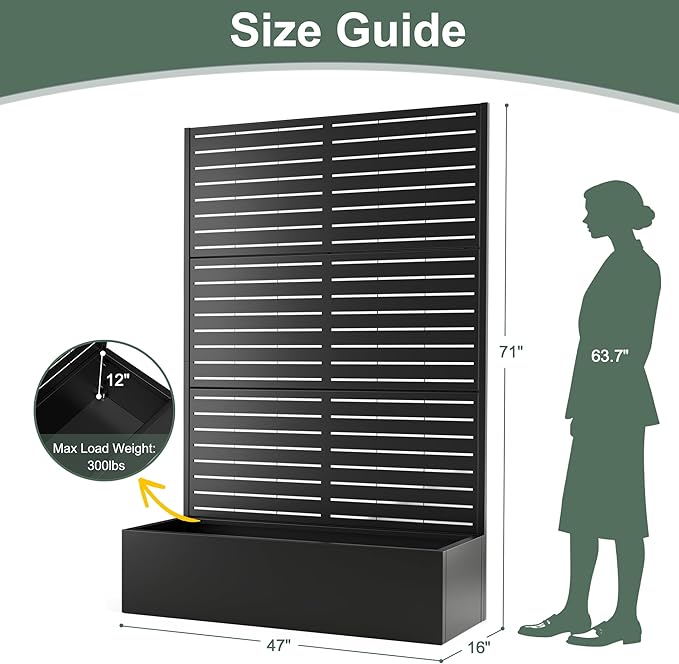Metal Planter Box with Trellis Privacy Screen, Large Raised Garden Beds with Trellis for Climbing Vegetables Plants, Privacy Planters with Drainage Holes for Patio (47"L×16"W×71"H, Black Blinds)