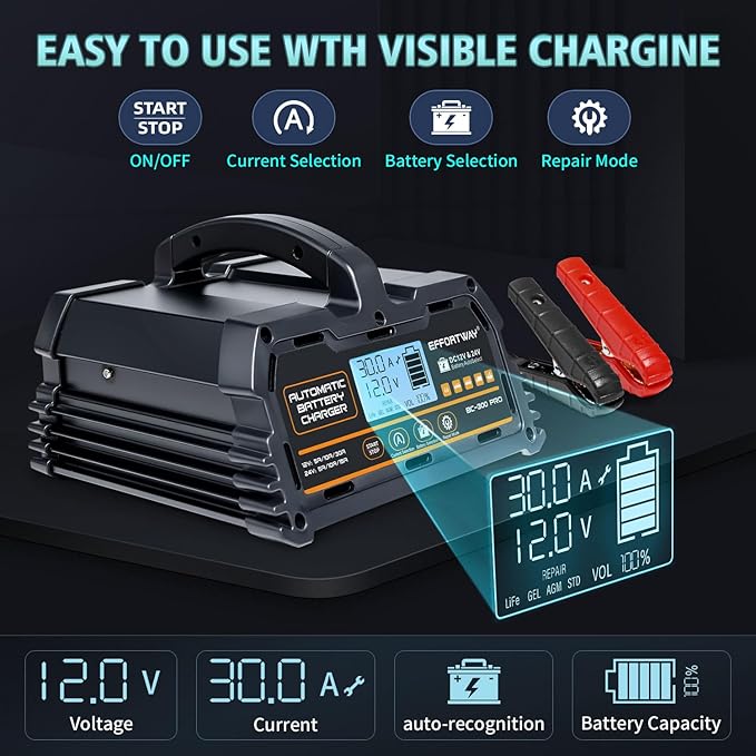 30A Battery Charger, 12V LiFePO4,12V/24V Lead-Acid Portable Automotive Battery Charger, 6-Stage Trickle Charger, Automotive Battery Maintainer for Cars, Trucks, Motorcycles and Lawnmowers