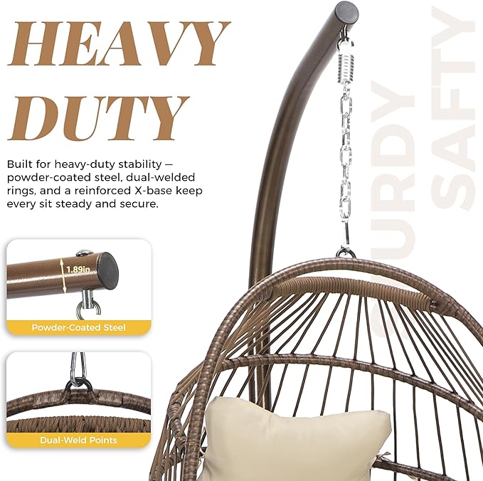 BLUEXYARD Hanging Egg Chair with Stand, 350 Lbs Heavy-Duty Wicker Swing Hammock Swing Basket with Padded Cushion, Modern Dome-Style Eggshell Seat for Indoor Outdoor Patio Garden Bedroom, Brown Tan