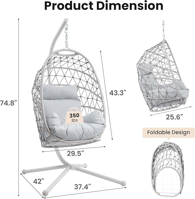 Hanging Egg Chair, Swing Chair with Stand, Hammock Chair IndoorPatio Boho Wicker 350lbs Capacity, Swing Chair for Bedroom Garden, Balcony, Beige &Gray