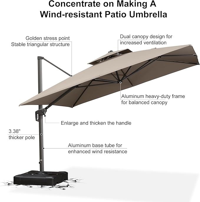 PURPLE LEAF 12 FT Cantilever Umbrella Outdoor Patio Umbrella, Large Offset Square Umbrella, Windproof Heavy Duty Hanging Outside Umbrellas for Patio, Ash Mocha