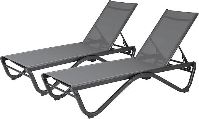 Kozyard 2Pack Patio Chaise Lounge Chair Full Flat Alumium Adjustable Chair Flat Chaise Lounge Outdoor Chair for Sunbathing, Poolside, Beach, 2Gray Textilene Lounge