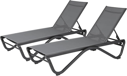 Kozyard 2Pack Patio Chaise Lounge Chair Full Flat Alumium Adjustable Chair Flat Chaise Lounge Outdoor Chair for Sunbathing, Poolside, Beach, 2Gray Textilene Lounge