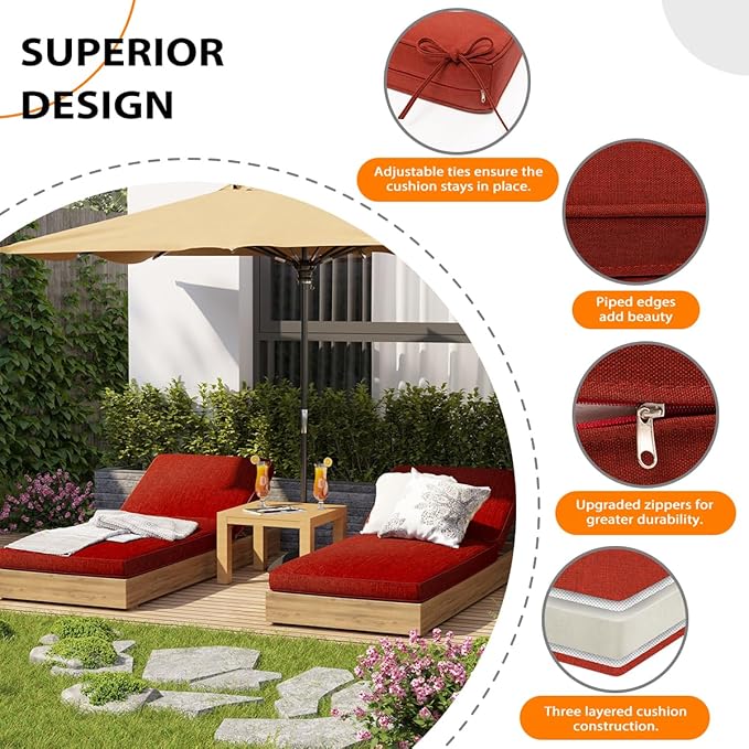 Sundale Outdoor Olefin Chaise Lounge Cushion, Water-Resistant Patio Lounge Chair Cushion, Thick Lounger Pad with 4 Straps Red, 72 x 21 x 4 Inches