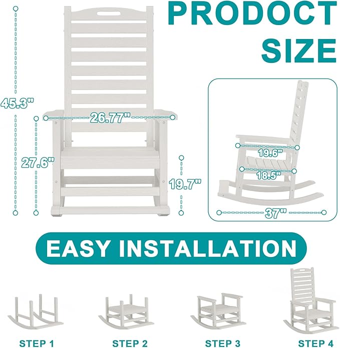 Outdoor Rocking Chair Set of 4 with Removable Footboard for Adults, HDPE High Back Patio Rocking Chairs, 330lbs All Weather Porch Rocking Chairs for Outdoor & Indoor -White