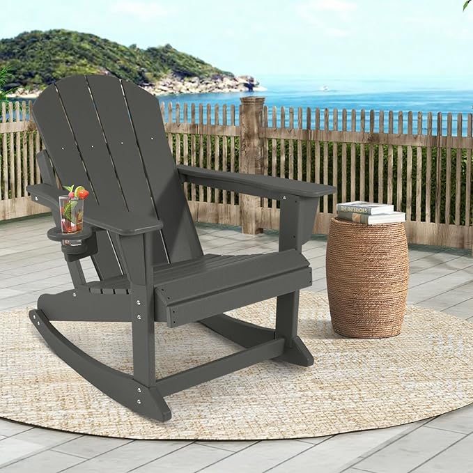 Outdoor Rocking Chair, HDPE Poly All-Weather Patio Rocking Chairs with Cup Holder for Adults, Porch Rocker for Deck Patio Balcony, 440lbs, Black