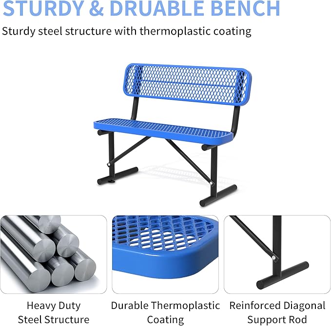 4 Feet Heavy Duty Metal Park Bench for Outside, Outdoor Bench with Backrest & Portable Frame, Thermoplastic Coating, Commercial Benches for Shopping Malls, Stores, Parks, Patios, Decks, Blue