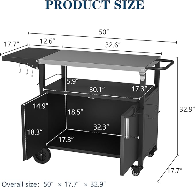 JY QAQA Outdoor Grill Cart with Storage, Patio Kitchen Island Outdoor Grill Table with Wheels, BBQ Cart Movable Pizza Oven Table Stand with Foldable Stainless Steel Top, Black