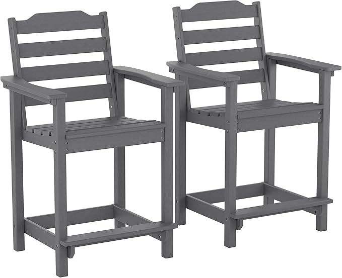 OTSUN Tall Adirondack Chair Set of 2, HDPE Counter-Height Balcony Chairs for Garden, Backyard, Poolside, Capacity 220LBS (2 PCS, Grey)