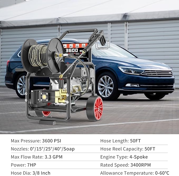 3600 PSI Gas Powered Commercial High Pressure Washer with 212cc 4HP Engine 3.3GPM Electric Start, Includes Hose Reel 50 FT 3/8 inch Hose 5 Quick Connect Nozzles Spray Gun and Wand