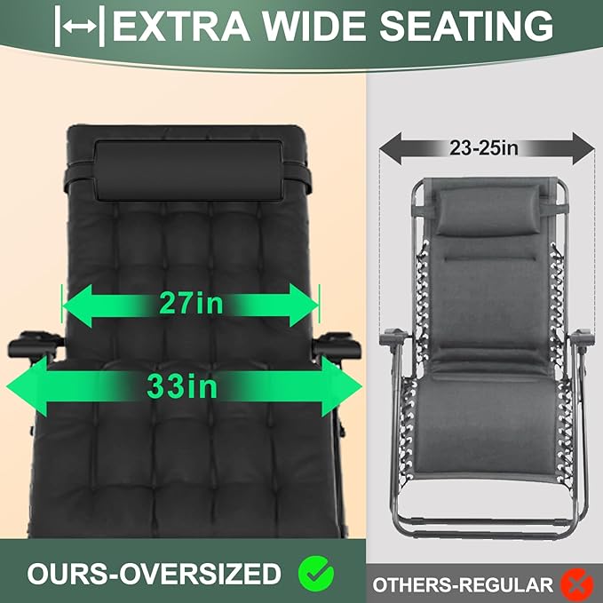 XXL Zero Gravity Lounge Chair 33", Oversized Padded Folding Recliner for Patio with Storage Bag, Removable Cushion, Footrest, Full Aluminum Lock & Large Cup Holder, Supports 500 lbs, Black