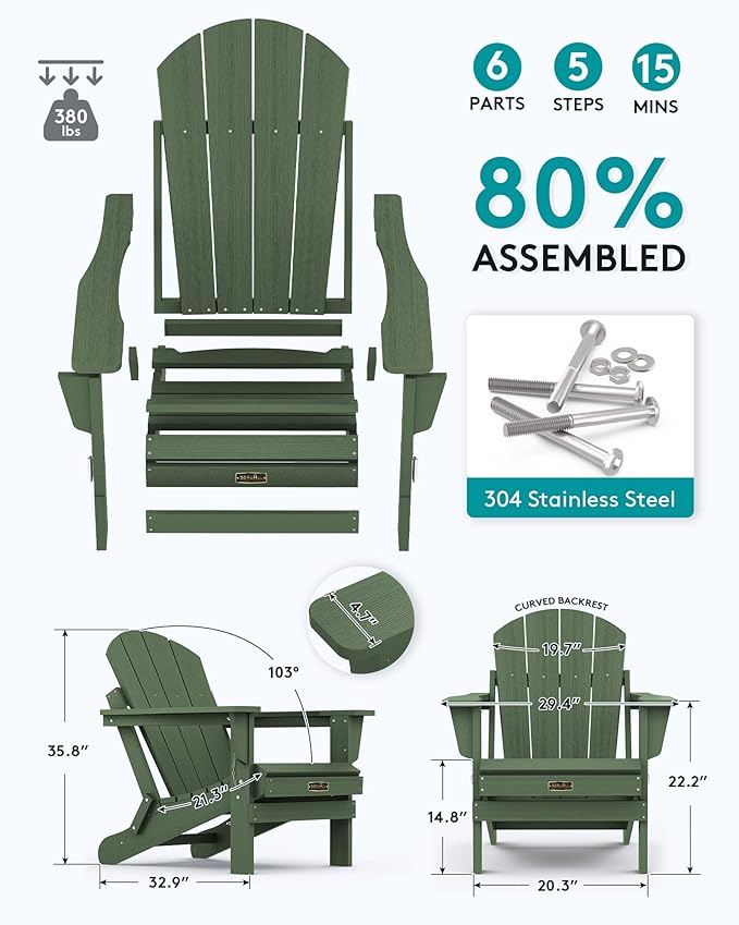 SERWALL Folding Adirondack Chair for Patio Garden, All-Weather Outdoors Chairs, Wooden Textured Fire Pit Chairs for Poolside, Backyard, Lawn - Army