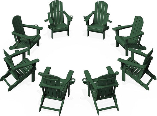 KINGYES Folding Adirondack Chair Set of 8, Dual Cup Holders & All-Weather HDPE, Wood-Like Patio Chair for Backyard, Camping, Pool & Fire Pit, Dark Green