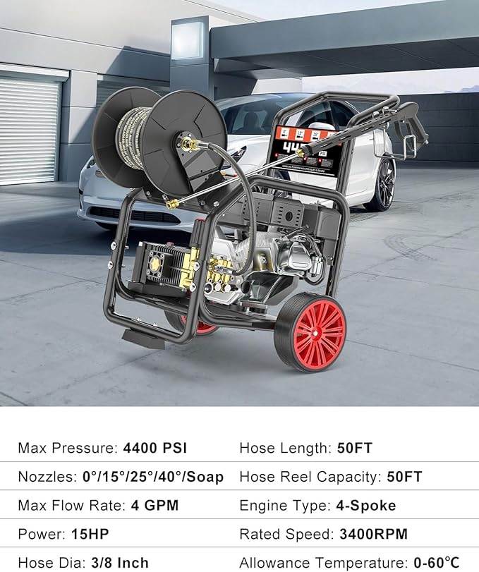 4400 PSI Gas Pressure Washer with Hose Reel, Electric Start, 296cc 15HP Engine 4GPM, Includes 50 FT 3/8 inch Hose, 5 Quick Connect Nozzles, Spray Gun and Wand