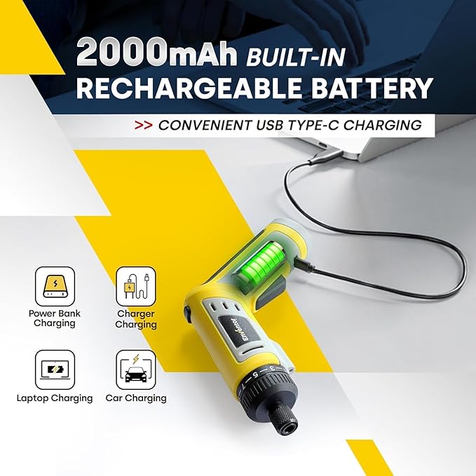 Enventor 4V Cordless Power Screwdriver Kit, Electric Screwdriver Set with 52pcs Accessories, 2000mAh Battery, Type-C Charging, 4.5Nm Screw Gun, 9+1 Torque Setting, 2 Position Handle, LED & Flashlight
