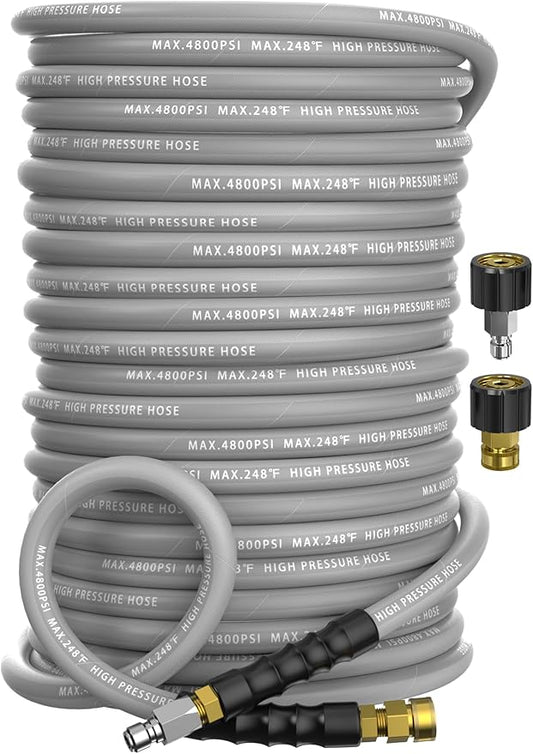 3/8" Pressure Washer Hose 200FT 4800 PSI, Kink Resistant Steel Braided Layer & NonMarking Rubber for Hot/Cold Water, High Power Washer Hose With 3/8 Inch Quick Connect & M22 Fitting, Gray