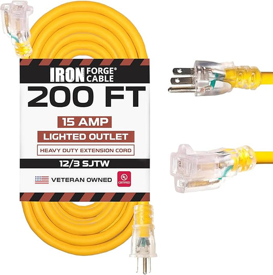Iron Forge Cable 200 Foot Lighted Outdoor Extension Cord - 12/3 SJTW Heavy Duty Yellow Extension Cable with 3 Prong 15 AMP Grounded Plug for Safety