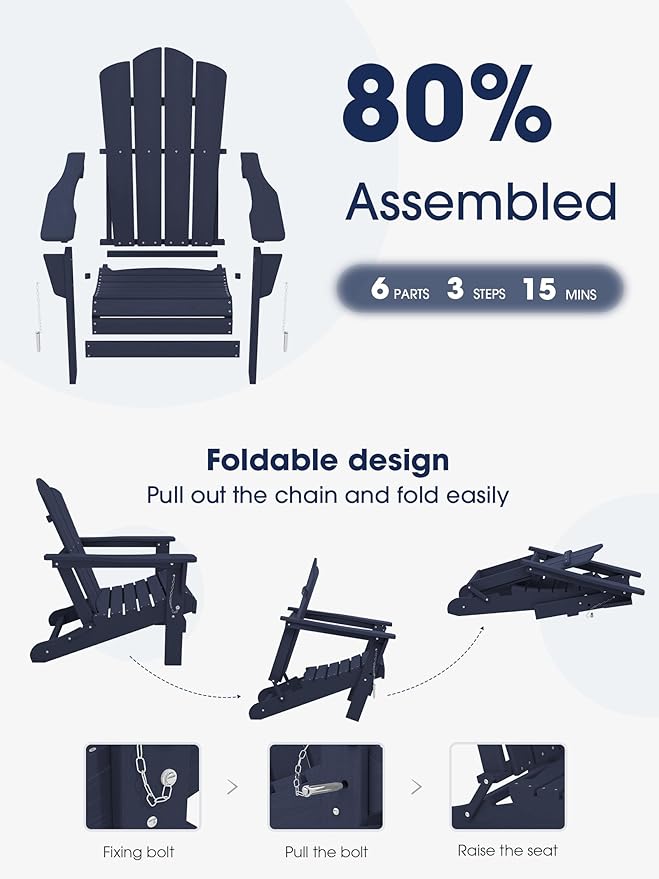 KINGYES Folding Adirondack Chair Set of 8, HDPE All-Weather Adirondack Chair, Navy Blue