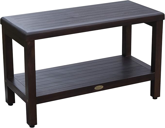 DecoTeak Eleganto 30 Inch Brown Waterproof Teak Wood Shower Bench Stool Seat Chair for Inside Shower Storage Shelf Provides Safety, Storage, and Organization for Bathroom Accessories