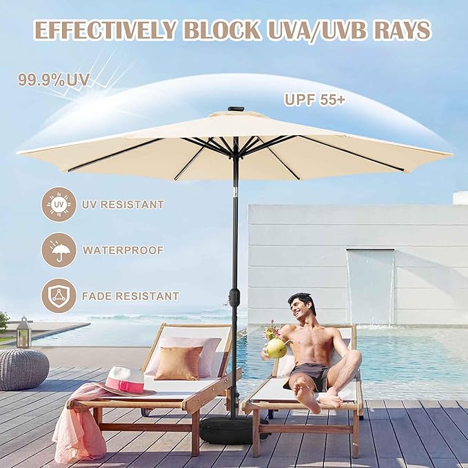 Sundale Outdoor Olefin 5-Year-Non-Fading Solar 88 LED 10FT Solar Patio Umbrella with Sand Bag Base, Outdoor Umbrella with Tilt and Crank, Beige