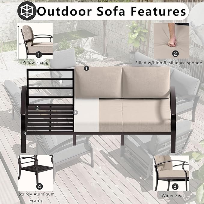 Patio Furniture Set 9-Seat Aluminum Armrest Sofa, Modern Outdoor Living Room Set with 2 Swivel Chairs, 5.1" Cushions, High Backrest & 2 Footstools, Backyard, Poolside - Sand