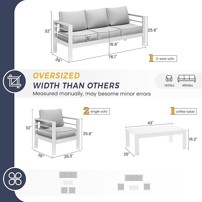 UDPATIO 6 Piece Aluminum Patio Furniture Set, Oversized Modern Outdoor Furniture Set with Olefin Fabric Cushion for Patio Deck Backyard, White(with Waterproof Covers)