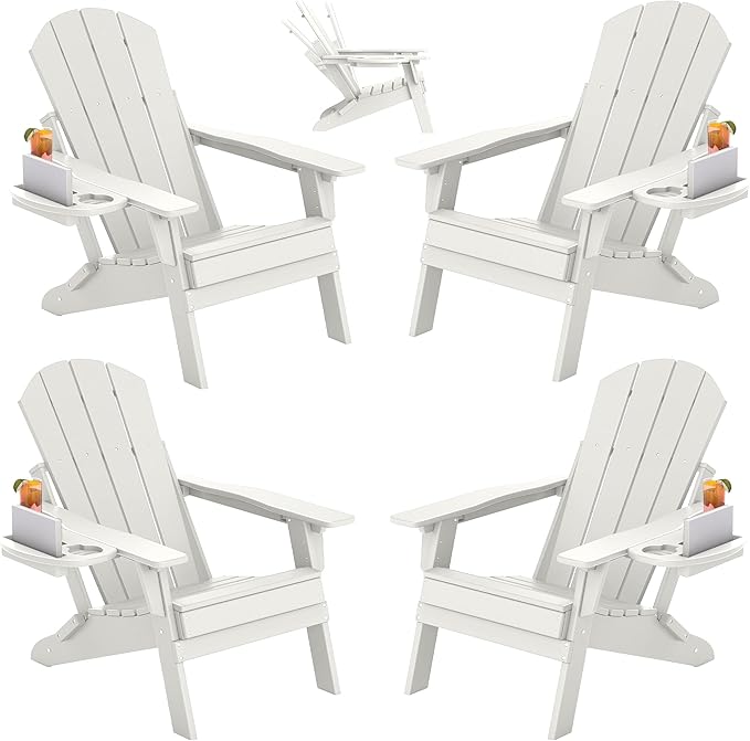 FOOWIN Folding Adjustable Adirondack Chair Set of 4,HDPE Adirondack Chair w/4 in 1 Cup Holder Trays,All-Weather Resistant Fire Pit Chair, Outdoor Chair for Patio Lawn Poolside,400lbs,White