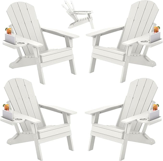 FOOWIN Folding Adjustable Adirondack Chair Set of 4,HDPE Adirondack Chair w/4 in 1 Cup Holder Trays,All-Weather Resistant Fire Pit Chair, Outdoor Chair for Patio Lawn Poolside,400lbs,White